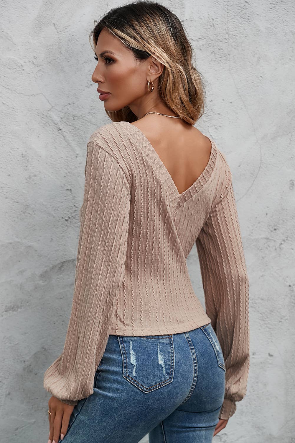 Khaki Knitted Jacquard V Neck Lantern Sleeve Top Khaki, CASUAL