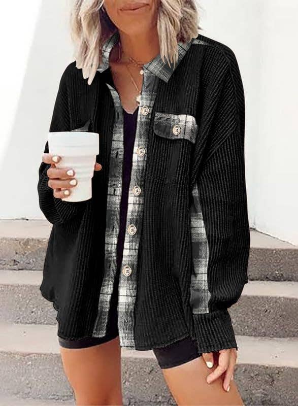 Ladies Plaid Waffle Splice Botton Down Shirt