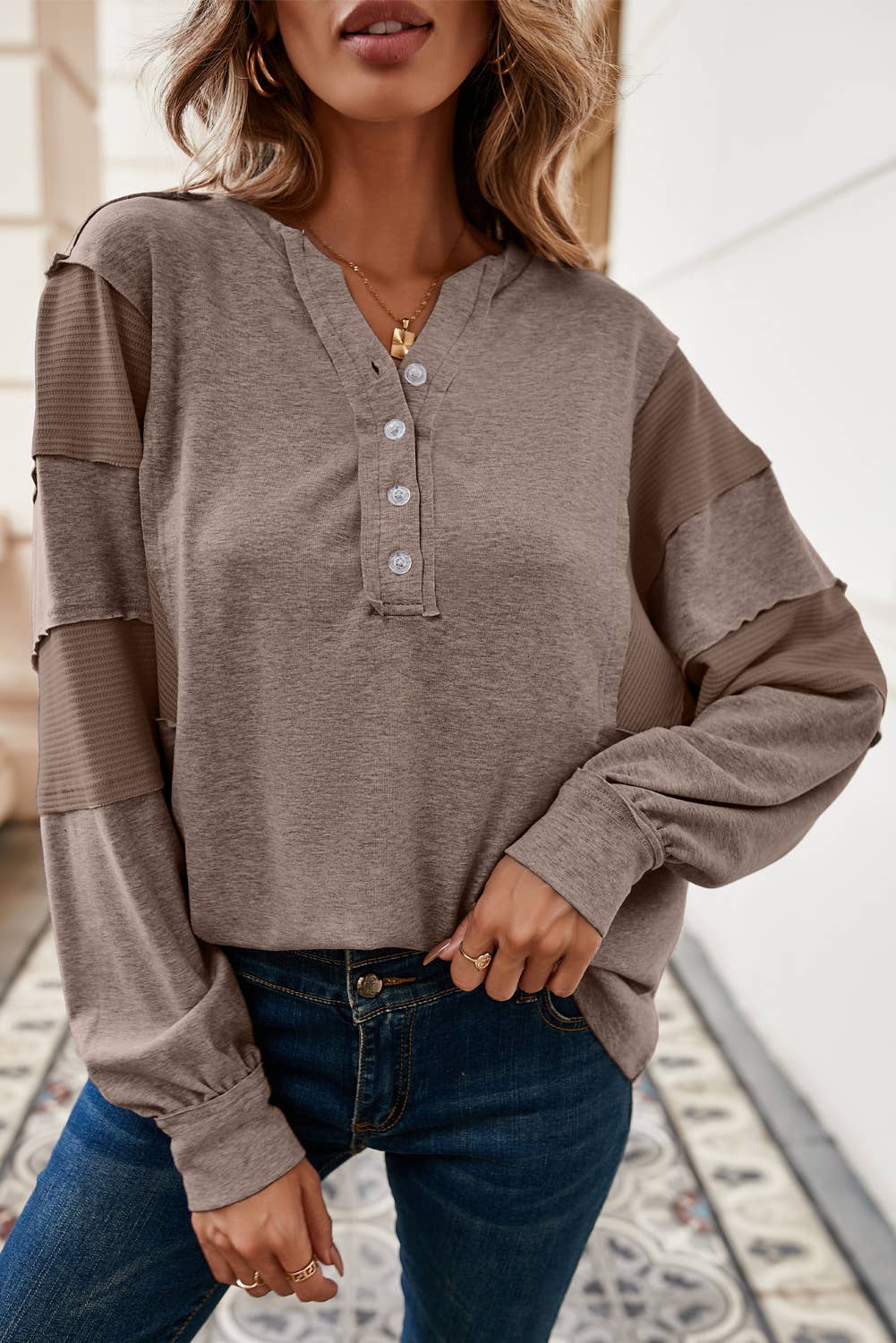 Waffle Patchwork Dolman Sleeve Henley Top/Multicolor Chestnut