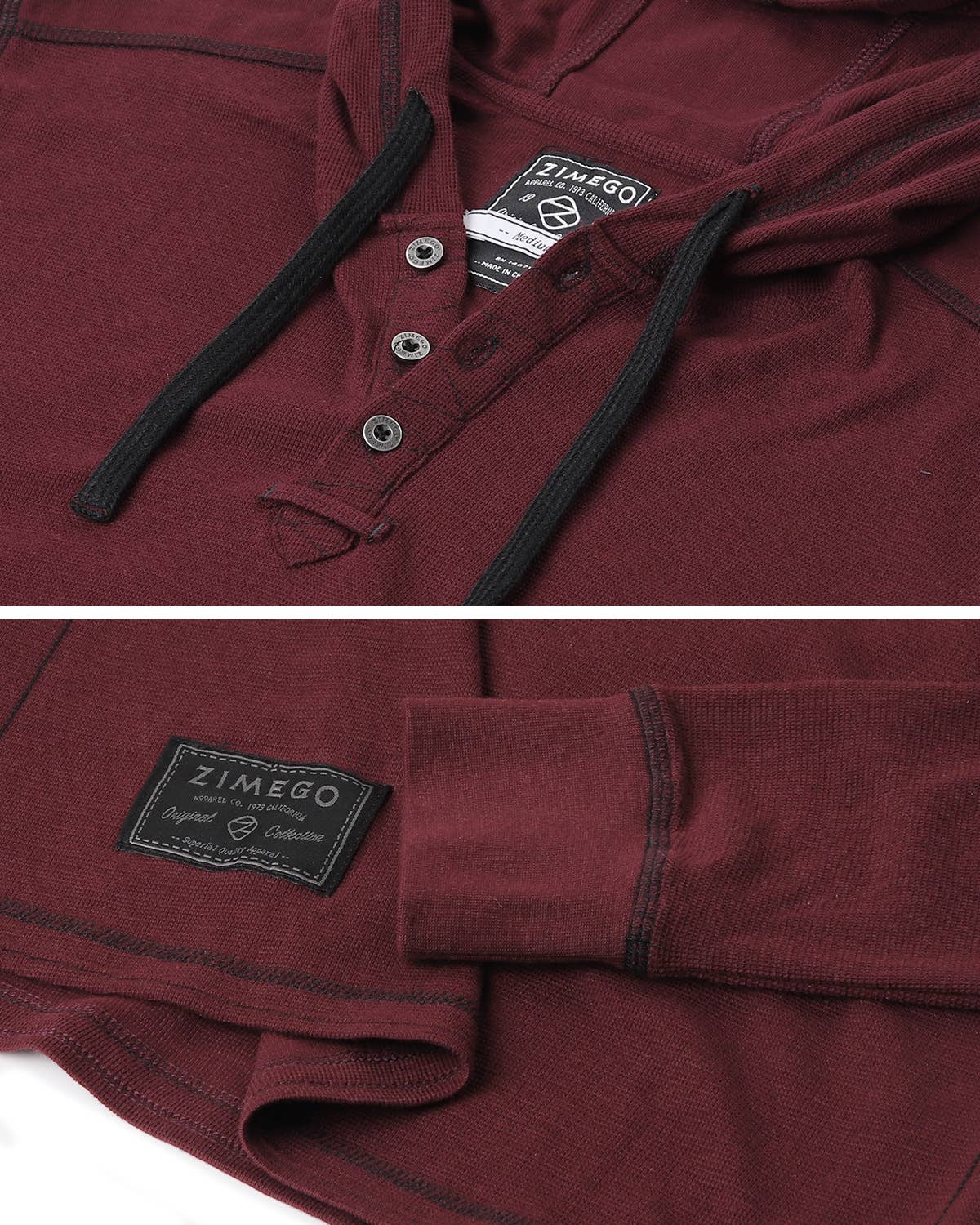 Zimego Casual Basic Long Sleeve Thermal Hoodie - Maroon