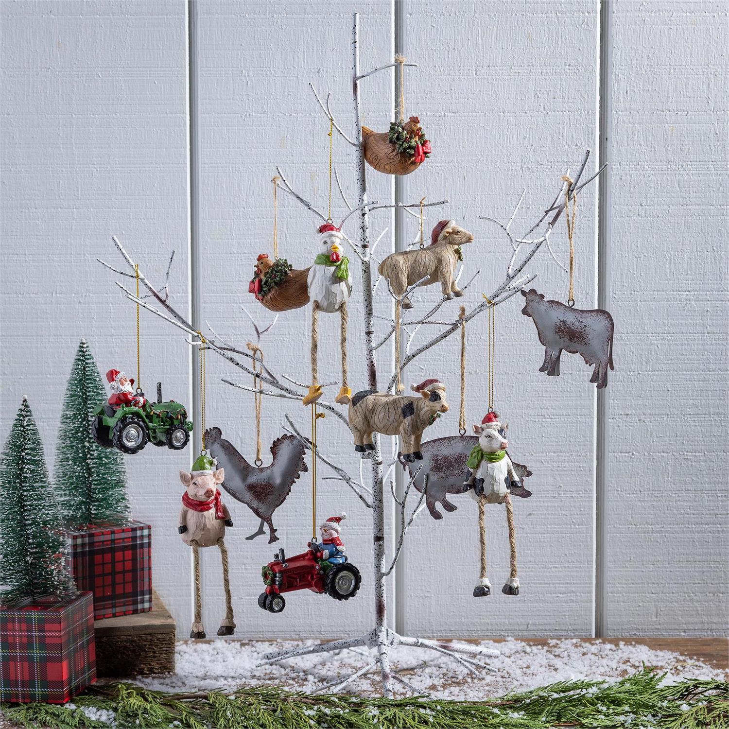 Holiday Poinsettia Ornament – Resin Tractor with Christmas Character (3.5")