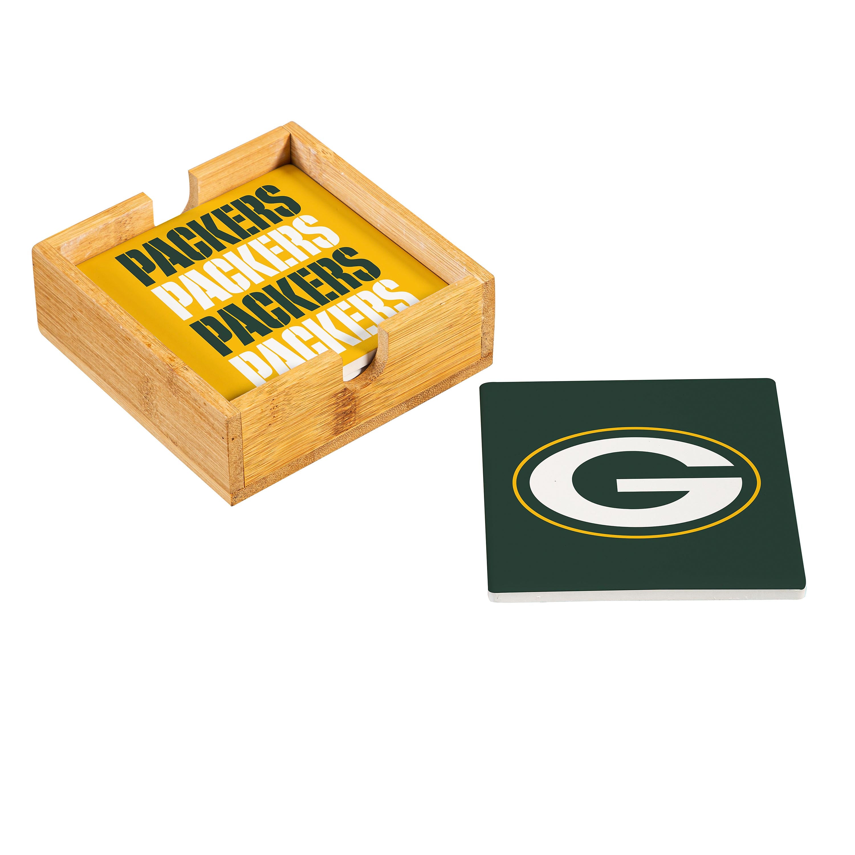Green Bay Packers Ceramic Coasters Set – 4pcs with Wood Caddy Official NFL Merchandise