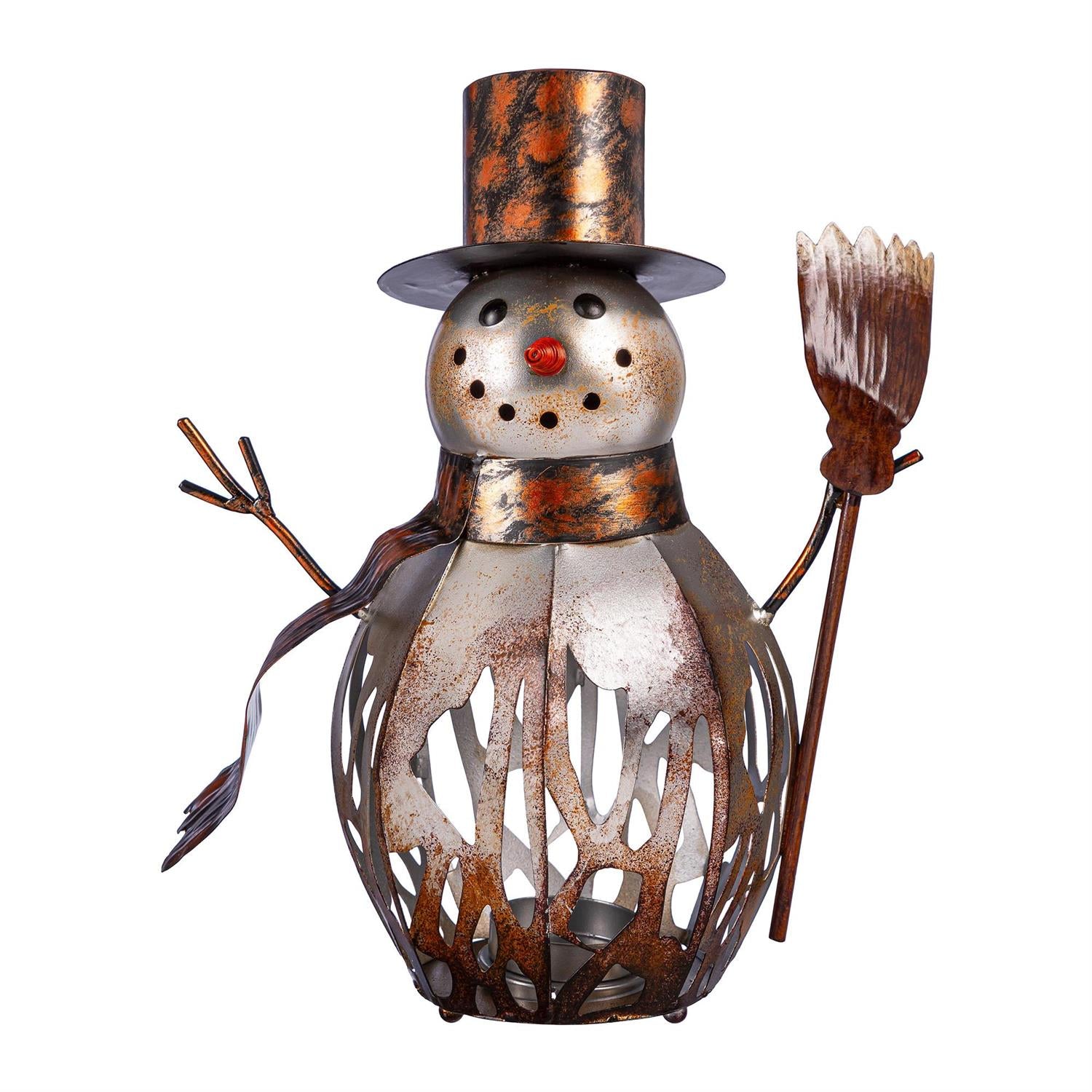 Woodland Storybook Metal Snowman Candle Holder – Outdoor Winter Garden Decor
