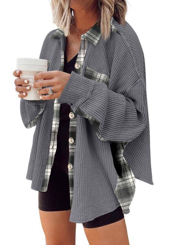 Ladies Plaid Waffle Splice Botton Down Shirt