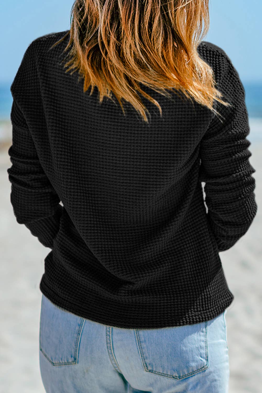 Black Waffle Knit Drop Shoulder Long Sleeve Top Black, Missy