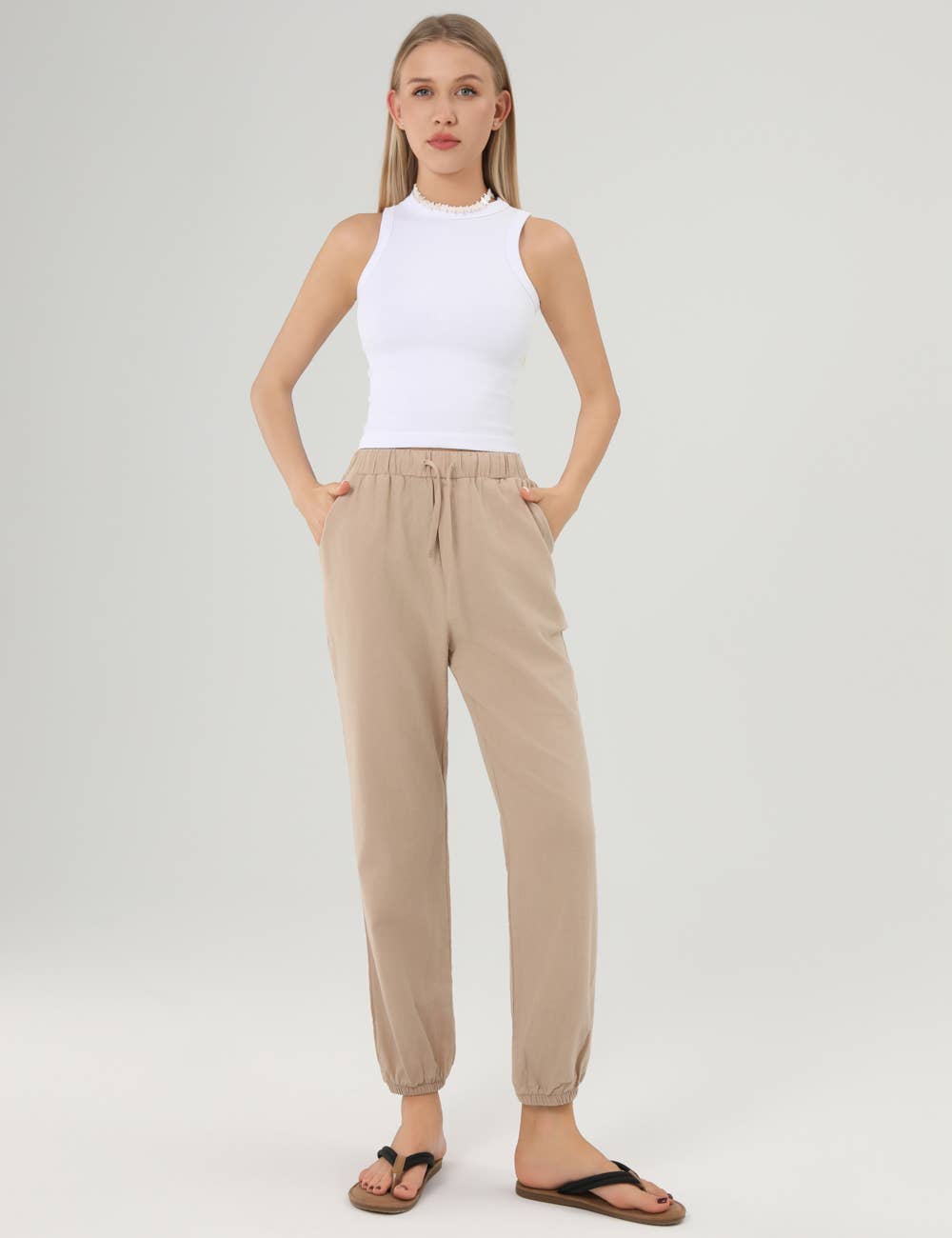 Solid Color Waist Tie Tourse Ladies Pants
