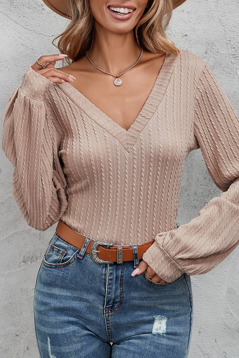 Khaki Knitted Jacquard V Neck Lantern Sleeve Top Khaki, CASUAL
