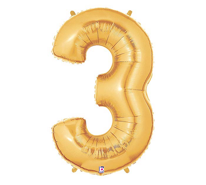 34" PKG NUMBER 3 GOLD MEGALOON – Packaged Foil Balloon