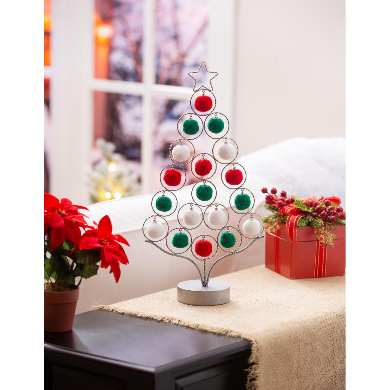 LED Tree with Pom Pom Ornaments – Metal Table Décor, 16"