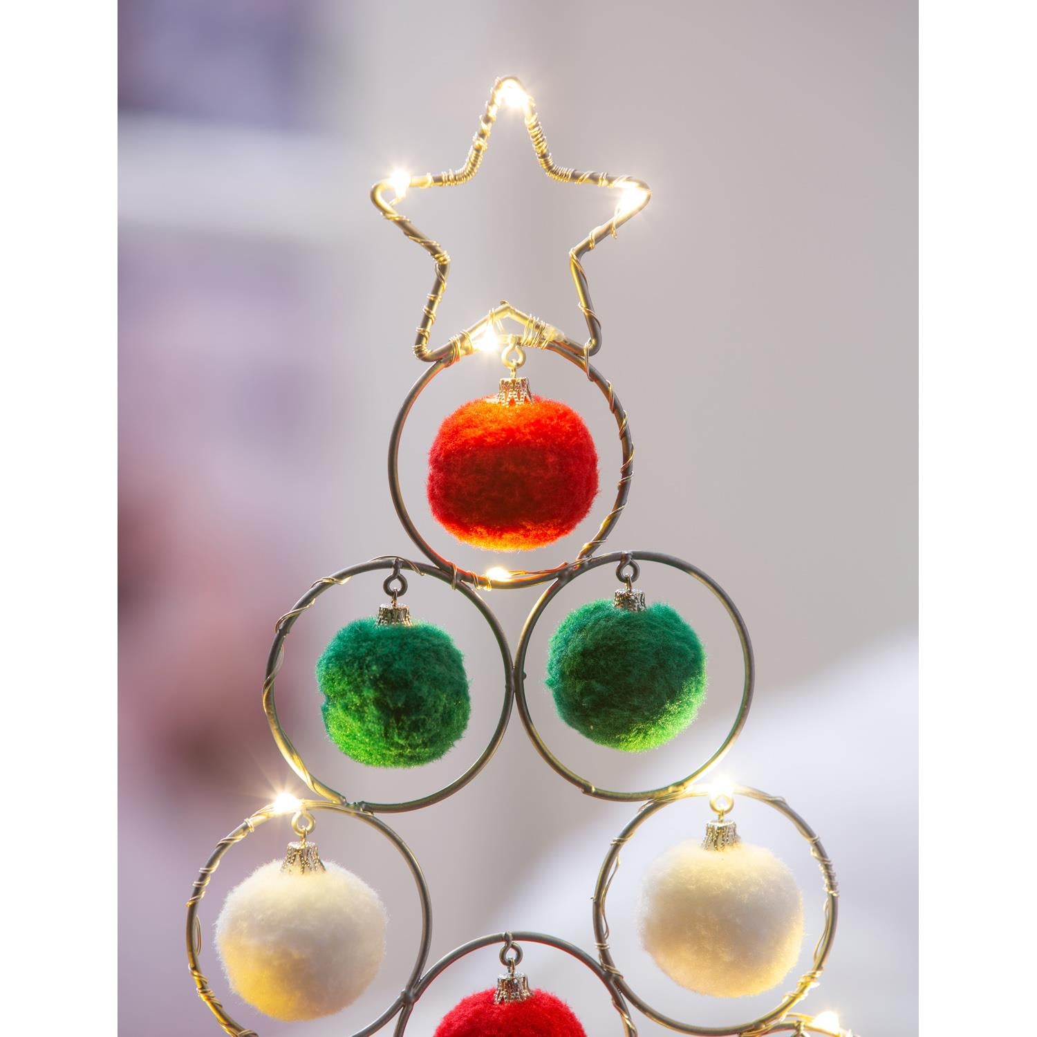LED Tree with Pom Pom Ornaments – Metal Table Décor, 16"