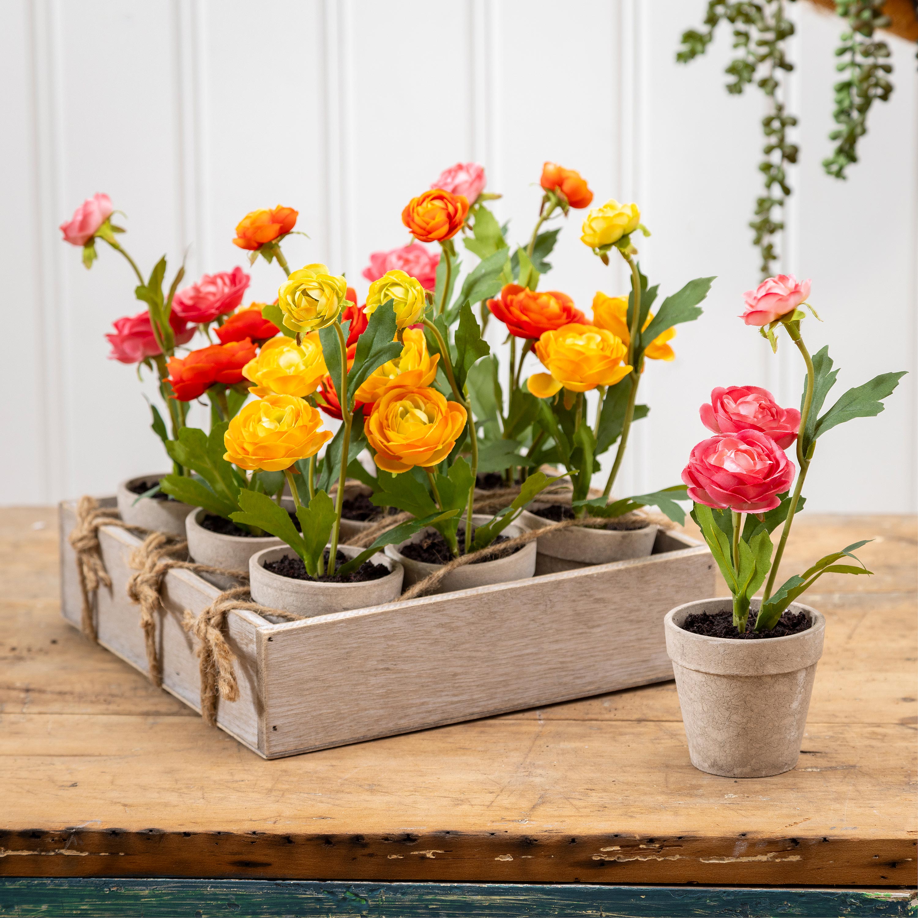 Bunny Blooms Faux Floral Table Decor Artificial Ranunculus in Cement Look Pot