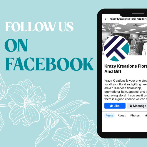 Promotional graphic with 'Follow Us on Facebook' text and a phone screen showing a Krazy Kreations floral and gift store page.