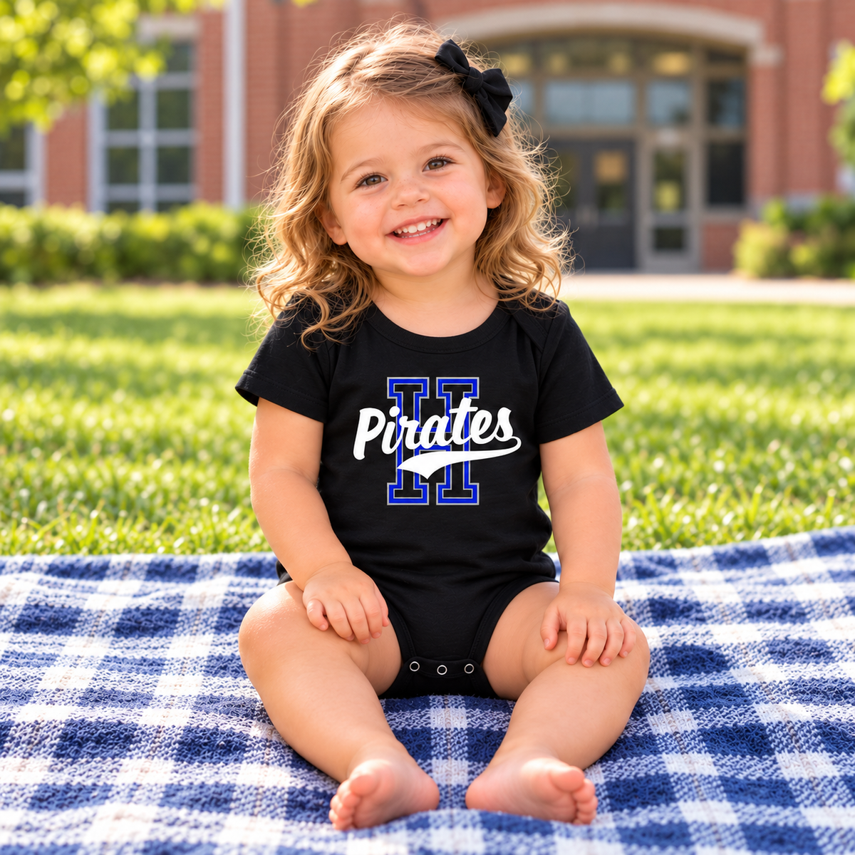 Hankinson Pirates – Vintage Varsity Blue and Black | Infant Onesie