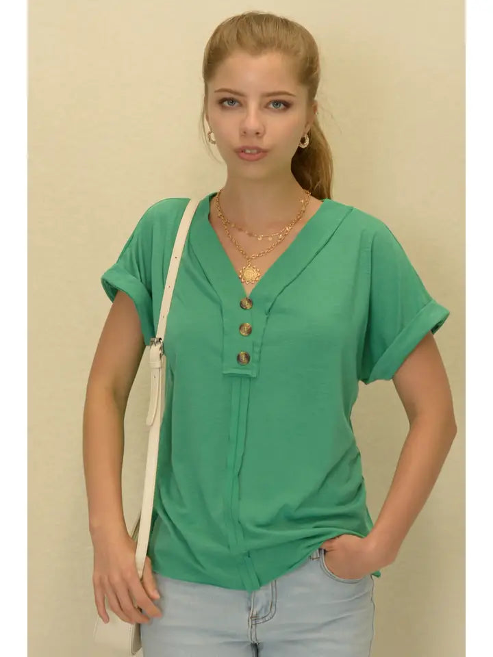 Ruched Button-Up Cuffed Short Sleeves Navy Top