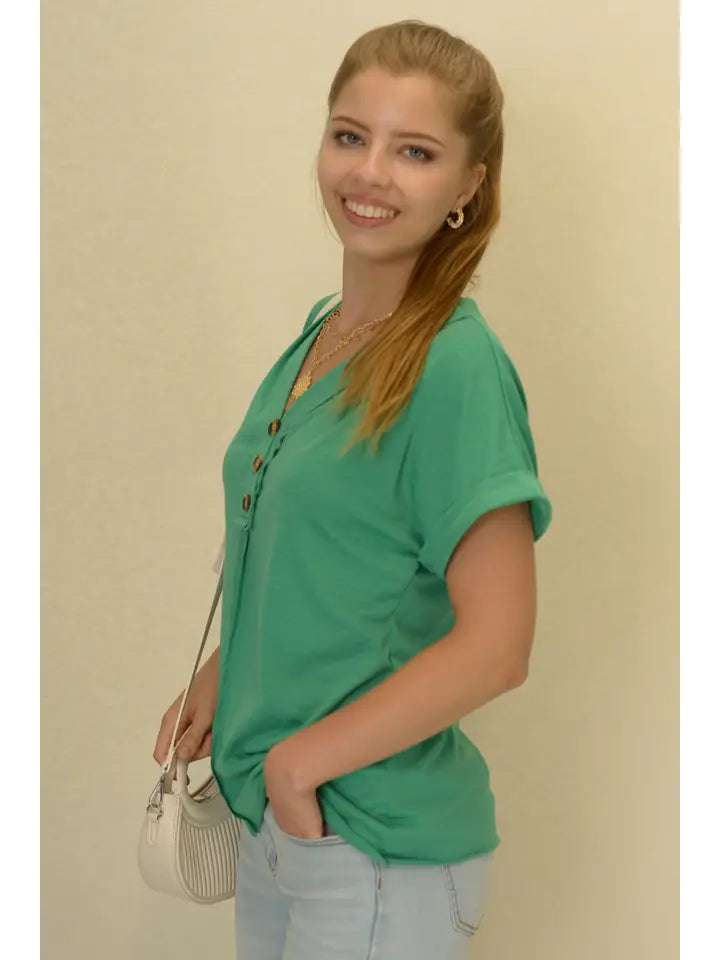 Ruched Button-Up Cuffed Short Sleeves Navy Top