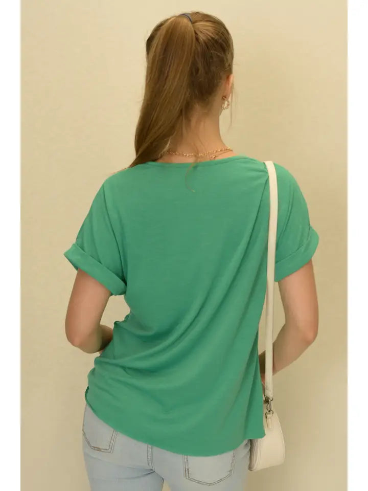 Ruched Button-Up Cuffed Short Sleeves Navy Top