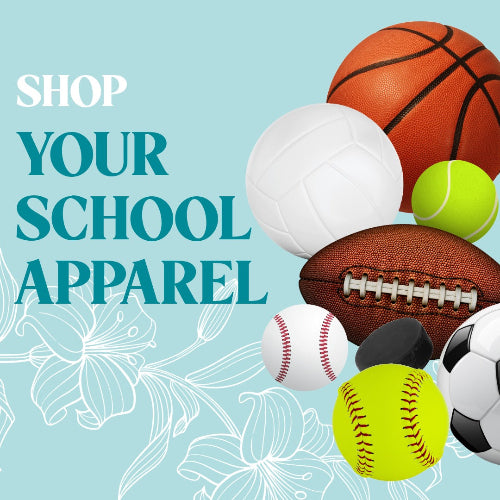 Promotional graphic for school apparel with sports balls on a light blue background