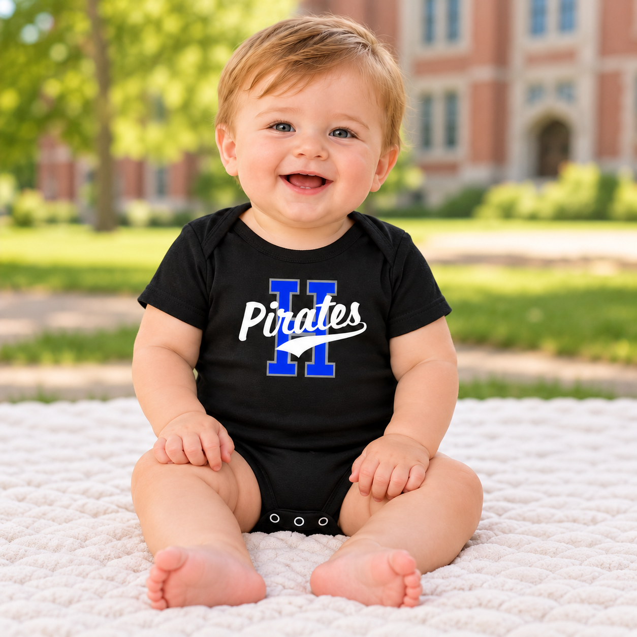 Hankinson Pirates – Vintage Varsity Blue and Black | Infant Onesie