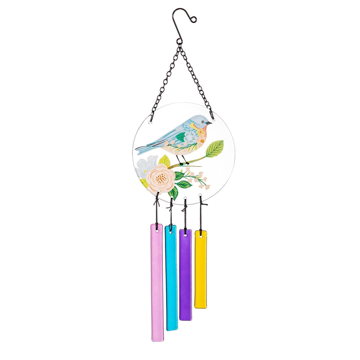What She Shed Wind Chime – Floral Bird with Hanging Glass (19")