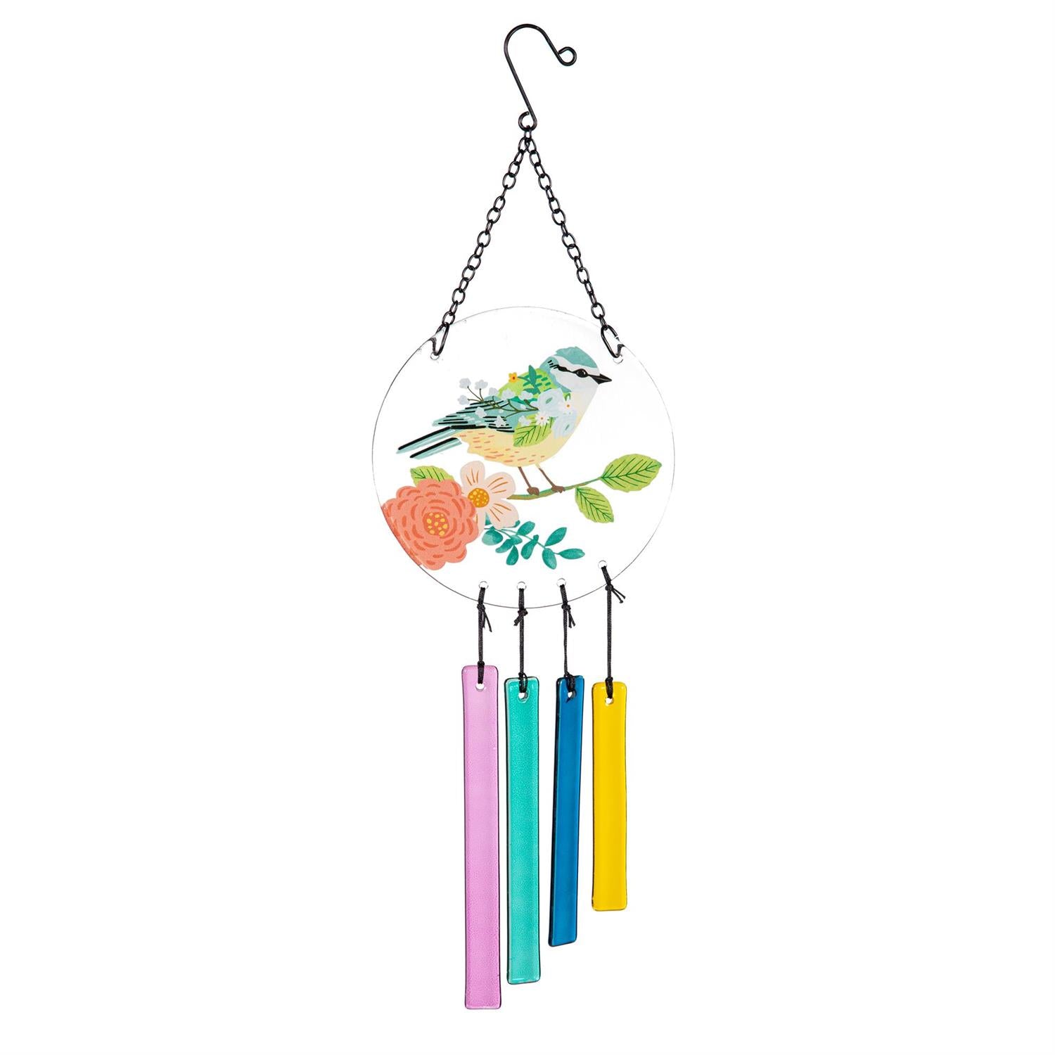What She Shed Wind Chime – Floral Bird with Hanging Glass (19")
