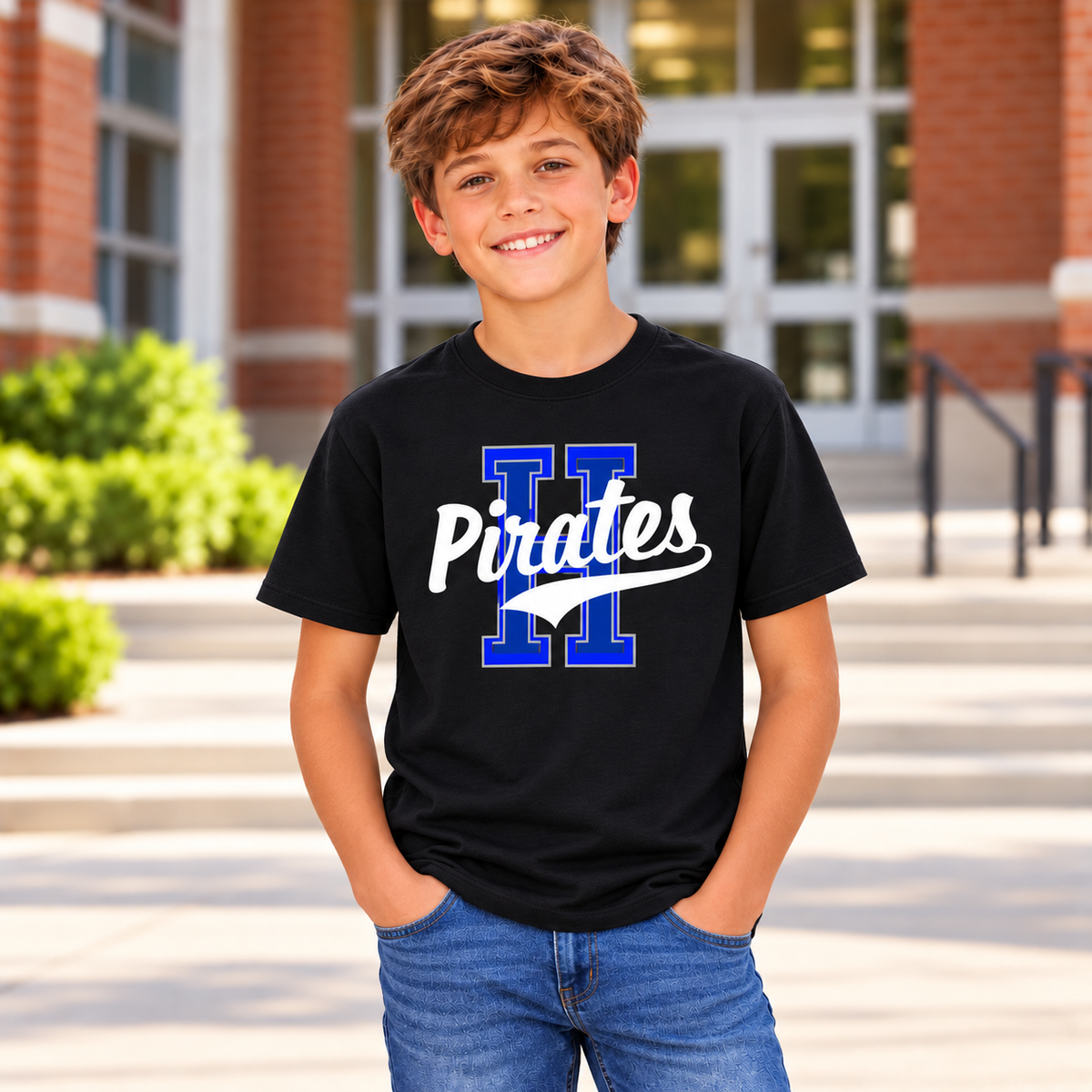 Hankinson Pirates Youth Vintage Varsity T-Shirt Black and Blue | District Youth T-Shirt