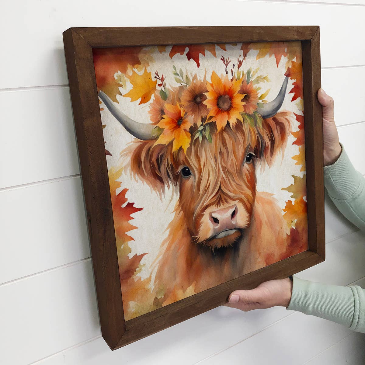 Fall Farm Highland Cow - Cute Animal Wall Art - Highland Cow 11x11" Small Canvas Art with Wood Box Frame