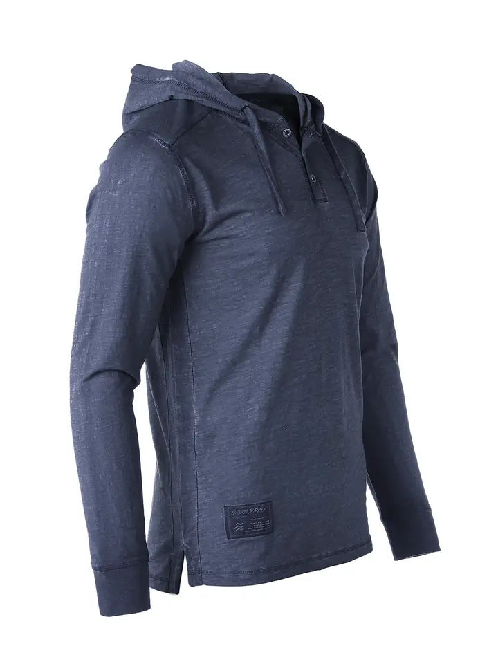 Mens Garment Dyed Casual Long Sleeve Hoodie Henley Navy Out