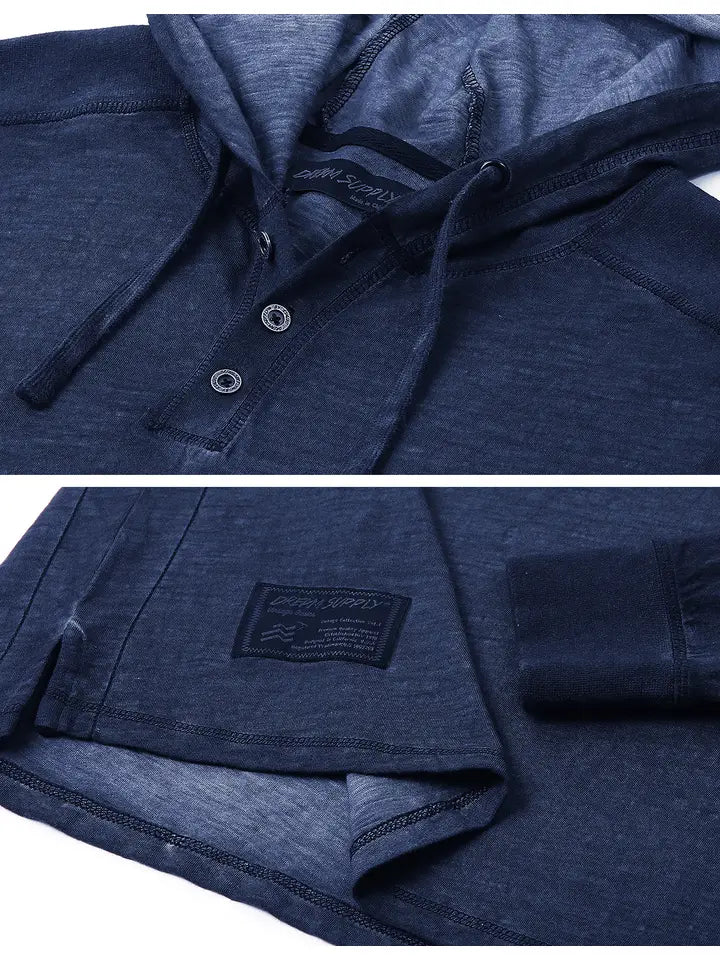 Mens Garment Dyed Casual Long Sleeve Hoodie Henley Navy Out