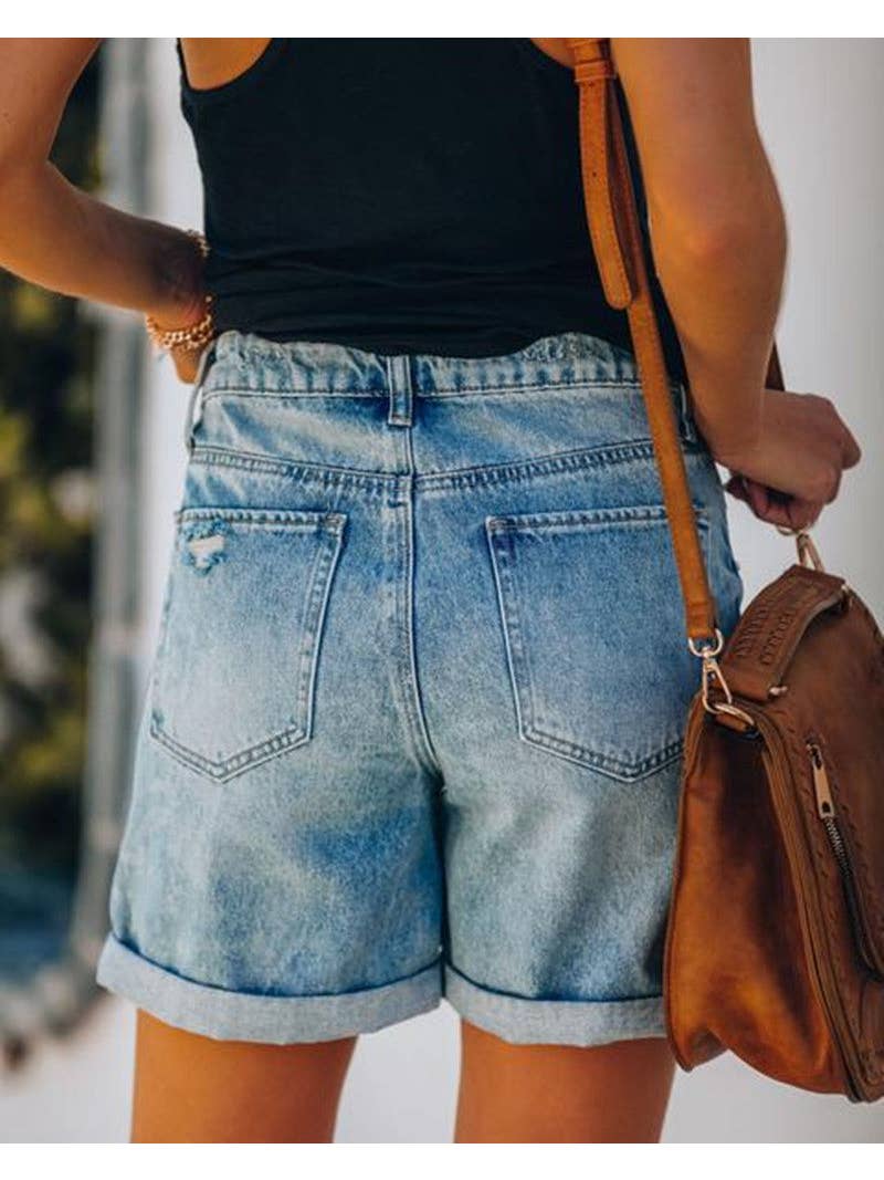 Ladies High Waist Folded Hem Denim Shorts