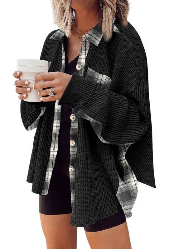 Ladies Plaid Waffle Splice Botton Down Shirt