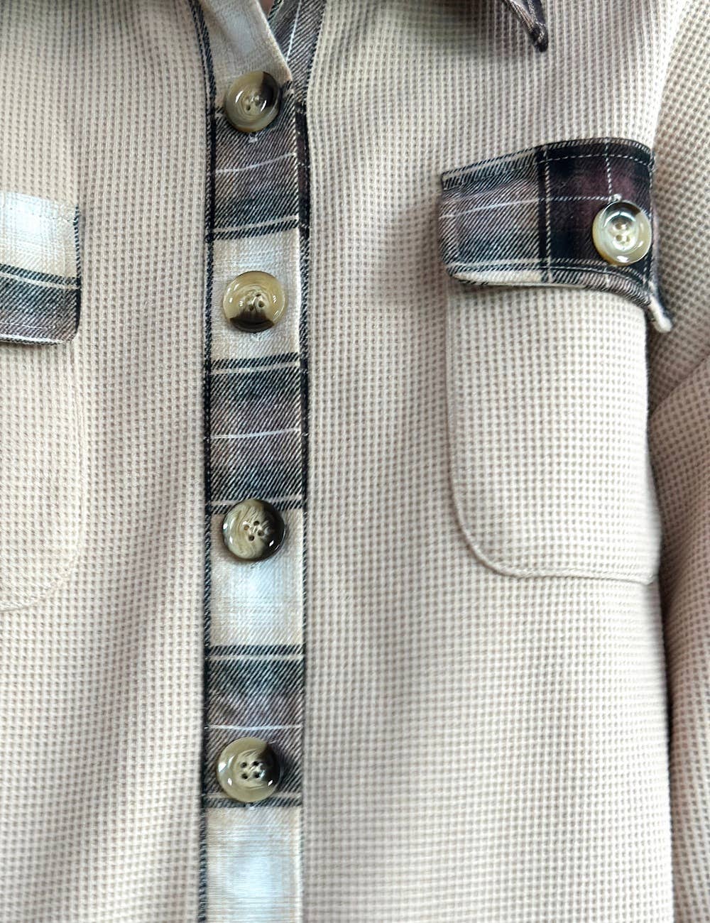 Ladies Plaid Waffle Splice Botton Down Shirt