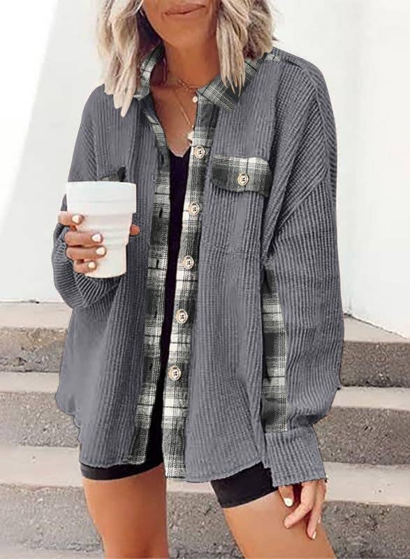 Ladies Plaid Waffle Splice Botton Down Shirt
