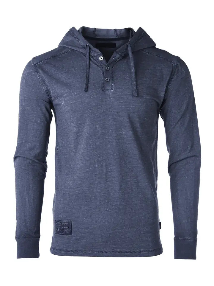 Mens Garment Dyed Casual Long Sleeve Hoodie Henley Navy Out