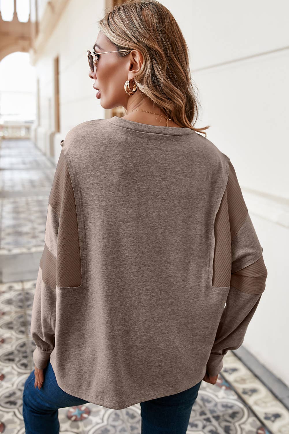 Waffle Patchwork Dolman Sleeve Henley Top/Multicolor Chestnut