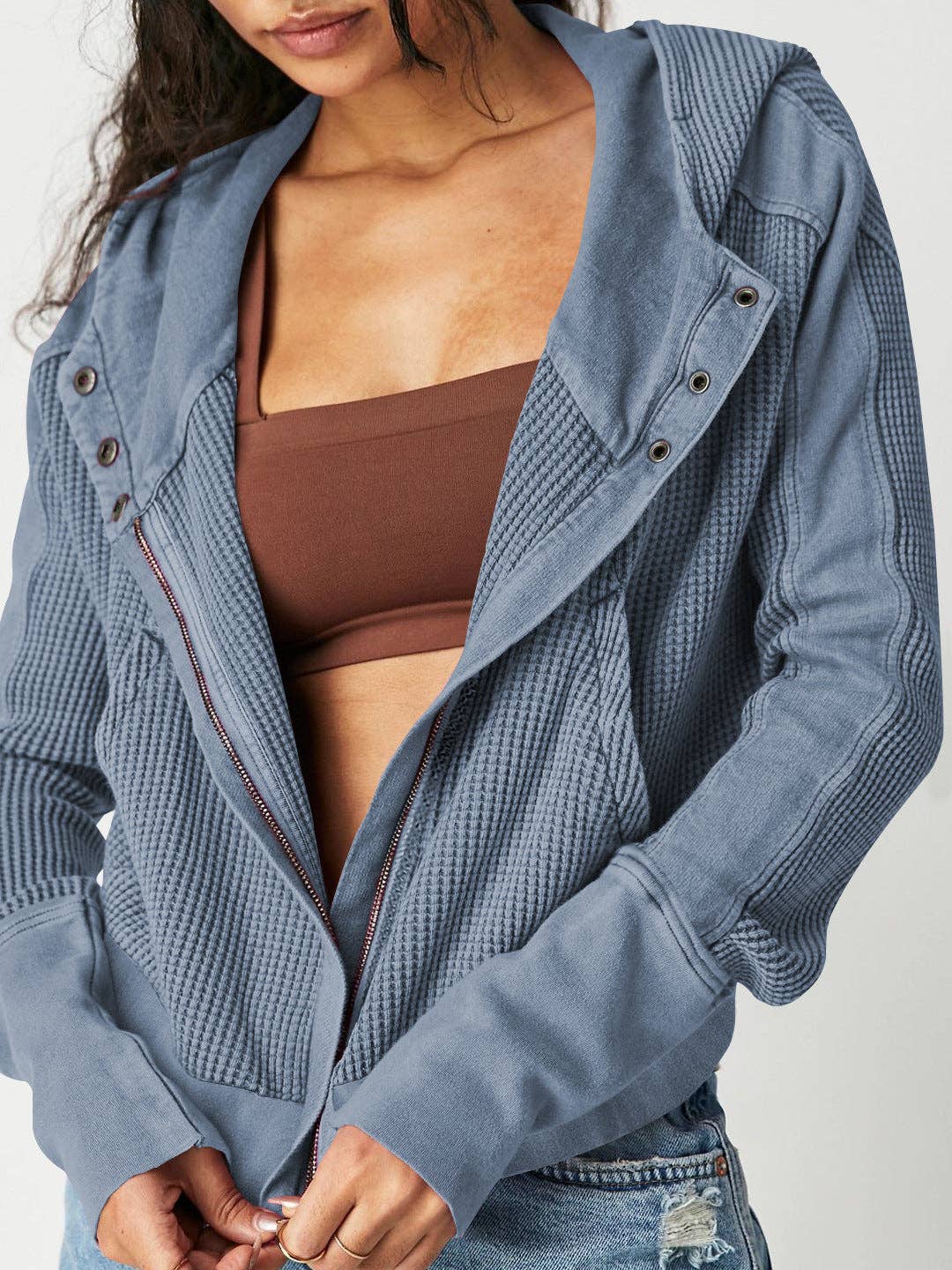 Ladies Zipper Open Hooded Daily Jacket Ewla Blue